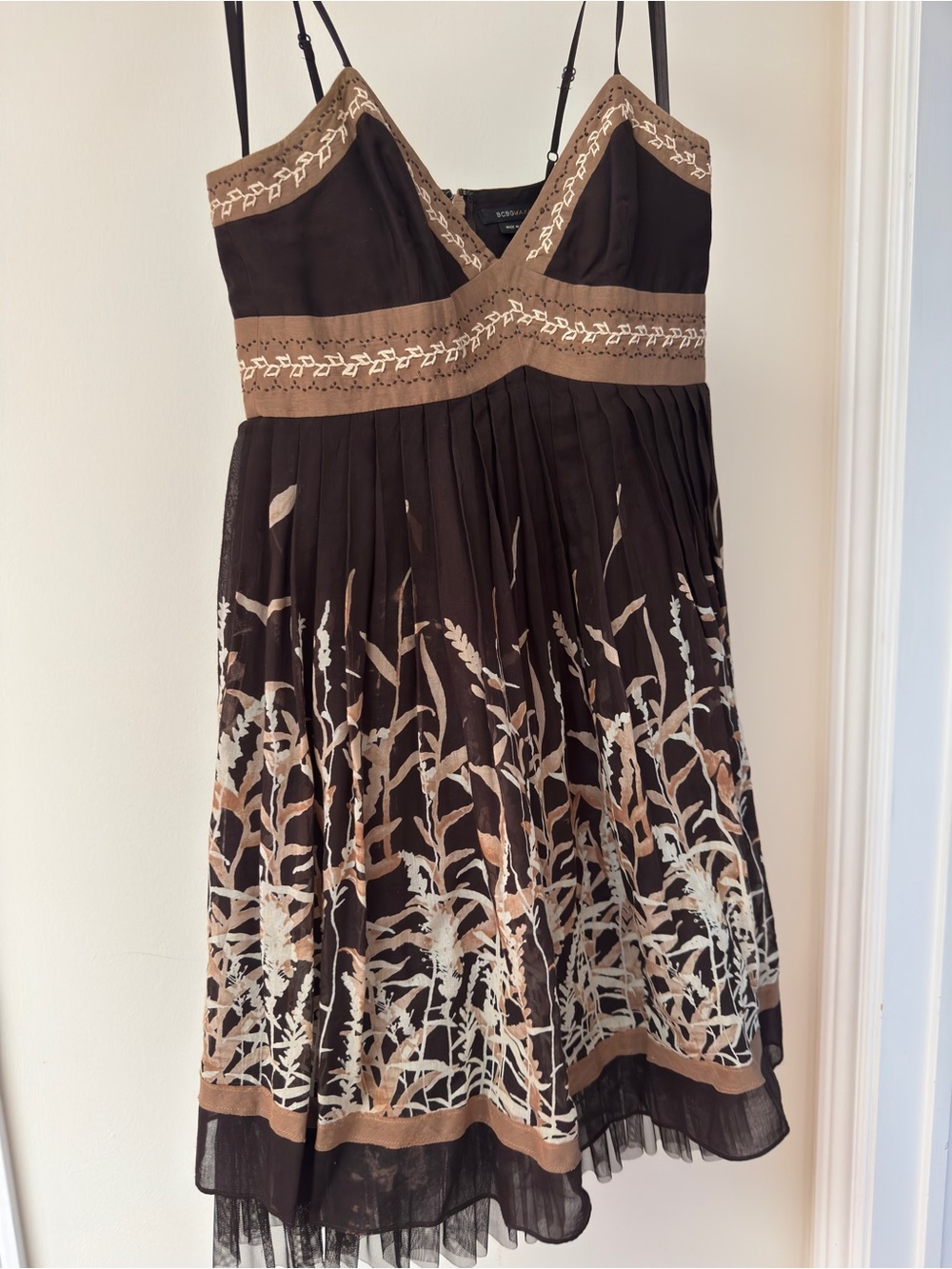 BCBGMaxAzria Brown and Tan Strapless Printed Dress